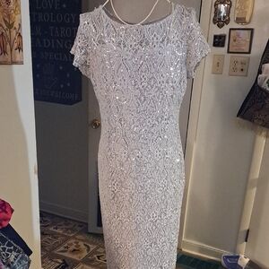 Beautiful Gray Lace And Sequin Short Sleeve Maxi Dress, Sz 12